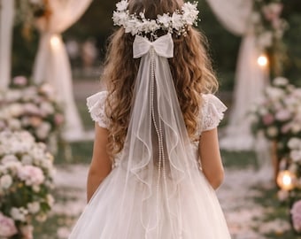 First Communion Veil Halo – Flower Girl Headpiece, Floral Crown with Tulle Bow