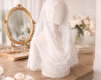 Velo Mantilla Corto - Tocado de Novia de Encaje Blanco - Tocado Tradicional para Bodas, Alternativa al Velo