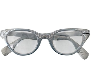 Montatura per occhiali Tura Light Powder Blue con motivo floreale, occhi di gatto, in alluminio, stile vintage retrò MCM