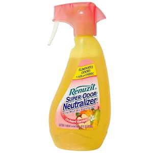 May include: A yellow bottle of Renuzit Super Odor Neutralizer air freshener with a pink spray nozzle. The label reads "Orchard Garden" and "Eliminates Odors in Air and Fabric." The bottle contains 16 fl oz (473ml).