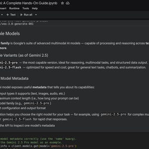 Puede incluir: Una pantalla de ordenador gris oscuro muestra texto de una gu&iacute;a de codificaci&oacute;n titulada "AI with Gemini: A Complete Hands-On Guide.ipynb." La gu&iacute;a detalla los modelos de IA disponibles, incluyendo Gemini 2.5 Pro y Flash, y explora los metadatos del modelo. El texto est&aacute; en una fuente sans-serif.