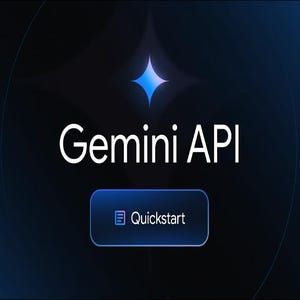 Puede incluir: Fondo azul oscuro con una estrella de cuatro puntas y las palabras "Gemini API" en blanco. Debajo, un botón azul que dice "Quickstart".