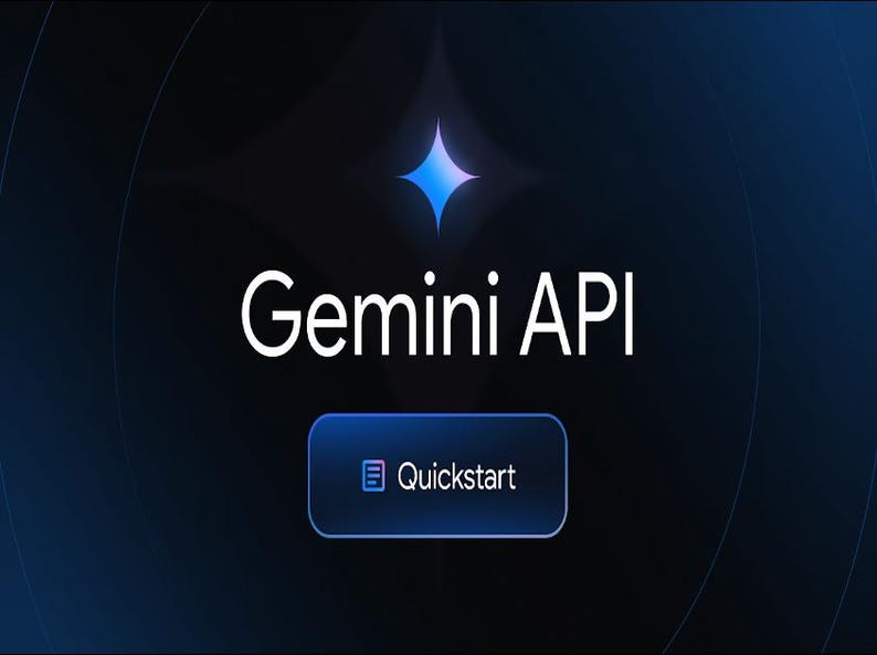 Puede incluir: Fondo azul oscuro con una estrella de cuatro puntas y las palabras "Gemini API" en blanco. Debajo, un bot&oacute;n azul que dice "Quickstart".