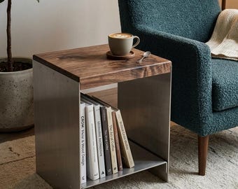 Modern Walnut Side Table with Stainless Steel Chrome Base, Industrial End Table, Handmade Furniture, 40x40x70 cm Nightstand