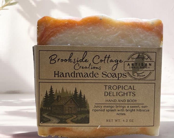 Handmade tropical Cold Process soap bar, mango & hibiscus, Made in Maine