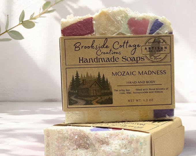 Handmade Floral and Sugar Cold Process soap bar, Mosaic Madness, Made in Maine