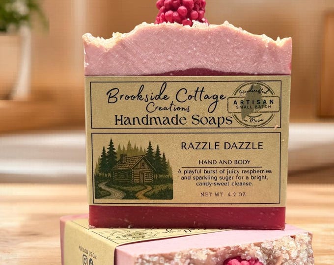 Handmade Raspberry Cold Process soap bar, Razzle Dazzle, Made in Maine