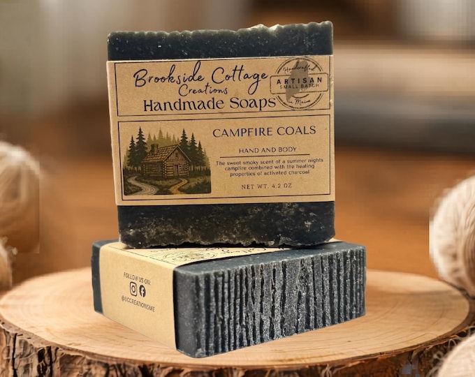 Handmade Sweet and Smokey Cold Process soap bar, Campfire Coals, Made in Maine