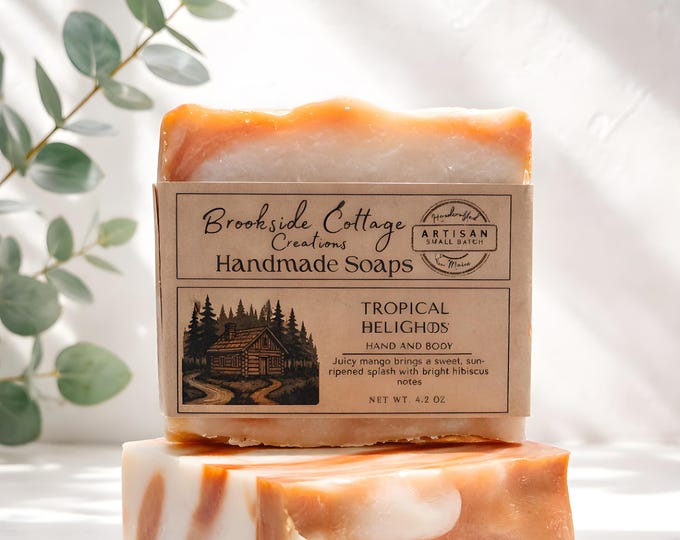 Handmade tropical Cold Process soap bar, mango & hibiscus, Made in Maine