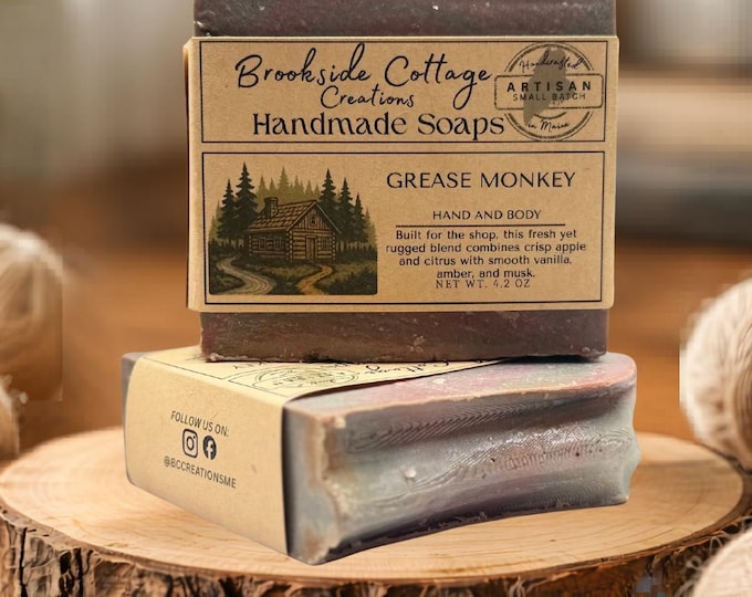 Handmade Apple, Bergamot and Pineapple Cold Process soap bar, Grease Monkey, Made in Maine
