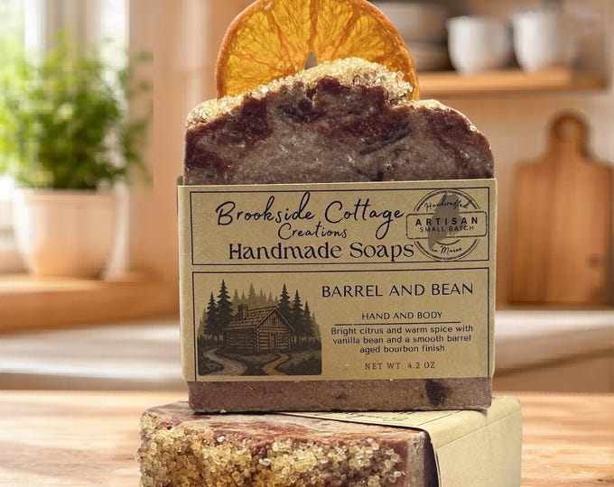Handmade Bourbon and Vanilla Cold Process soap bar, Barrel and Bean, Made in Maine