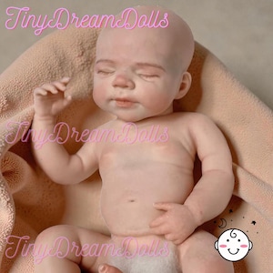 Puede incluir: Una muñeca bebé realista con los ojos cerrados, descansando sobre una manta color melocotón. La muñeca tiene tonos de piel realistas y rasgos delicados. El texto "Tiny Dream Dolls" está escrito en cursiva en la imagen.