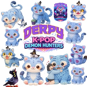 Puede incluir: Una colección de figuras de gatos azules con varias poses y expresiones. Algunos gatos llevan sombreros o tienen pequeños accesorios. La imagen también incluye un gráfico con el texto "DERPY K-POP DEMON HUNTERS" en morado y blanco.