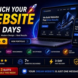 Op de afbeelding: Een advertentie voor website-ontwerpdiensten. De afbeelding toont een laptop en smartphone met een website-interface, met de tekst "Lanceer uw website in 3 dagen". Pictogrammen benadrukken functies zoals SEO-optimalisatie en snelle levering.