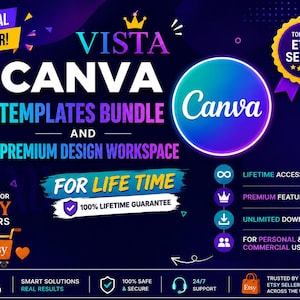 Könnte beinhalten: Digitalgrafik mit dem Text "VISTA CANVA TEMPLATES BUNDLE" und "PREMIUM DESIGN WORKSPACE". Enthält ein "SPECIAL OFFER!" Banner, ein "TOP RATED ETSY SELLER" Abzeichen und Symbole für lebenslangen Zugriff und unbegrenzte Downloads. Das Design ist für den persönlichen und kommerziellen Gebrauch.