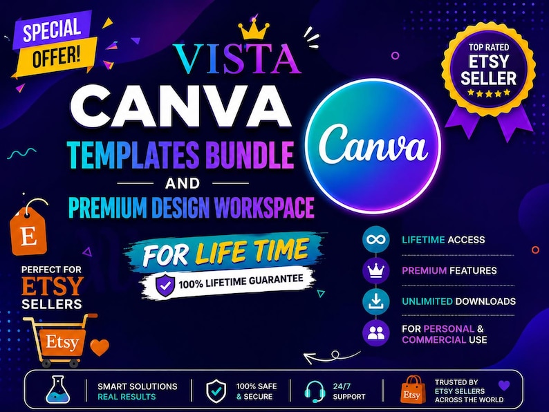 Może przedstawiać: Grafika cyfrowa z tekstem "VISTA CANVA TEMPLATES BUNDLE" i "PREMIUM DESIGN WORKSPACE". Zawiera baner "SPECIAL OFFER!", odznakę "TOP RATED ETSY SELLER" oraz ikony dożywotniego dostępu i nieograniczonej liczby pobrań. Projekt jest przeznaczony do użytku osobistego i komercyjnego.