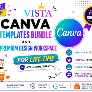 Könnte beinhalten: Werbegrafik für Canva-Vorlagen und Design-Arbeitsbereich. Das Design zeigt den Text "VISTA CANVA TEMPLATES BUNDLE" mit einem "Sonderangebot"-Banner. Enthält Symbole für lebenslangen Zugriff, Premium-Funktionen und unbegrenzte Downloads.