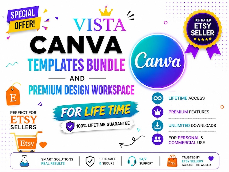 May include: A promotional graphic for Canva templates and design workspace. The design features the text "VISTA CANVA TEMPLATES BUNDLE" with a "Special Offer" banner. Includes icons for lifetime access, premium features, and unlimited downloads.