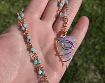 Boho Opal Arrowhead Aquamarijn draadgewikkelde ketting