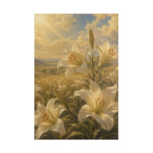 Puede incluir: Una impresión de arte mural rectangular que presenta una pintura al óleo de lirios blancos en plena floración. Las flores se sitúan sobre un paisaje dorado y soleado con colinas y un cielo nublado, creando una atmósfera cálida y luminosa.