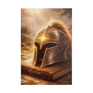 Può includere: Un elmo metallico con incisioni complesse e una cresta dorata poggia su un libro marrone spesso e usurato. La copertina del libro presenta la parola Salvation in lettere dorate. Una luce brillante e radiosa emana dal centro dell'elmo.