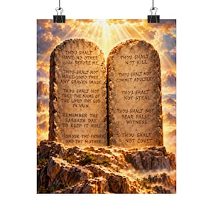May include: Two stone tablets featuring the Ten Commandments in English text, set against a backdrop of golden clouds and mountain peaks. The left tablet lists the first five commandments, while the right tablet displays the remaining five commandments.