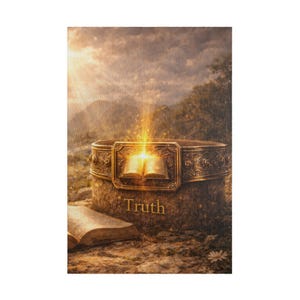 Puede incluir: Un objeto cilíndrico en tonos bronce con una placa rectangular en relieve que muestra un libro abierto emitiendo una luz dorada. La palabra Truth está inscrita debajo de la placa. Un libro abierto descansa en el suelo frente al objeto.