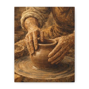 May include: A canvas print depicting a potter shaping a clay pot on a spinning wheel. The potter's hands are brown and weathered, and the pot is a similar shade of brown. The background is a muted brown.