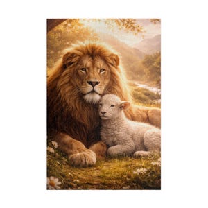May include: A rectangular wall art print featuring a large, golden-maned lion lying down in a grassy field with a small, white lamb resting against its side. The scene is set in a sunlit landscape with trees and mountains in the background.