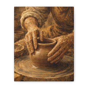 Toile Mains de potier | Peinture chrétienne de guérison et de restauration, décoration murale biblique en argile