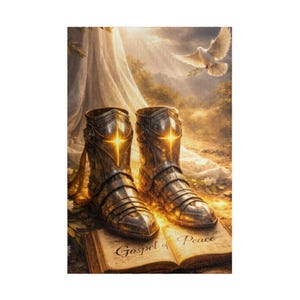 Op de afbeelding: Een paar metalen scheenplaten rustend op een open boek met de tekst Gospel of Peace op de pagina's. Het pantser heeft gloeiende stervormige emblemen aan de voorzijde. Een witte duif vliegt op de achtergrond boven een gedrapeerde stof.