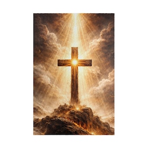 May include: A vertical artwork depicting a dark, textured wooden cross standing atop a rocky, craggy hill. A brilliant, radiant golden light emanates from the centre of the cross, casting beams upward through thick, swirling clouds in the sky.