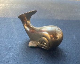 Brass Whale paperweight display sea creature animal vintage
