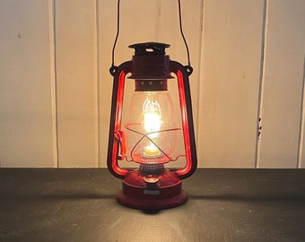 Red Vintage Lantern Light - Patina Lantern Edison Lamp Kerosene Electric Lantern Antique Desk Light Handmade