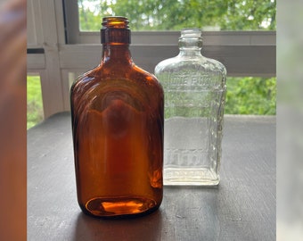 Vintage Pint Bottle Brown and Clear Embossed ONE PINT Glass Whiskey Bottles Liquor Barware Prohibition Era