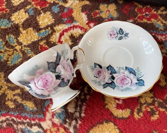 Royal Dover Pink Roses Teacup w/ Saucer, Vintage Floral, Royal Dover Bone China, Floral Garlands, Gold Etched Trim, England