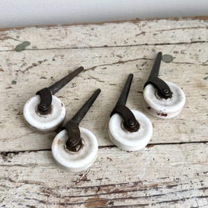 4 Antique White Porcelain Furniture Casters Vintage Iron Stem Industrial Wheels