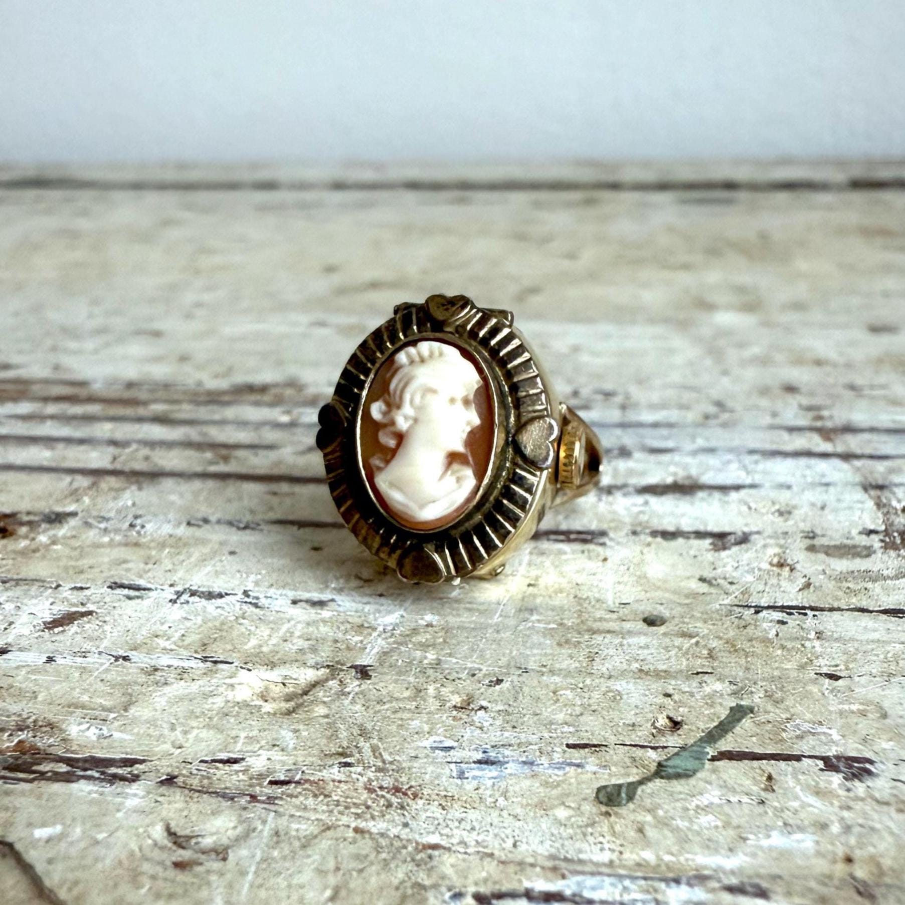 Antique Shell Cameo Ring Watch, Rolled Gold KJ Kollmar Jourdan