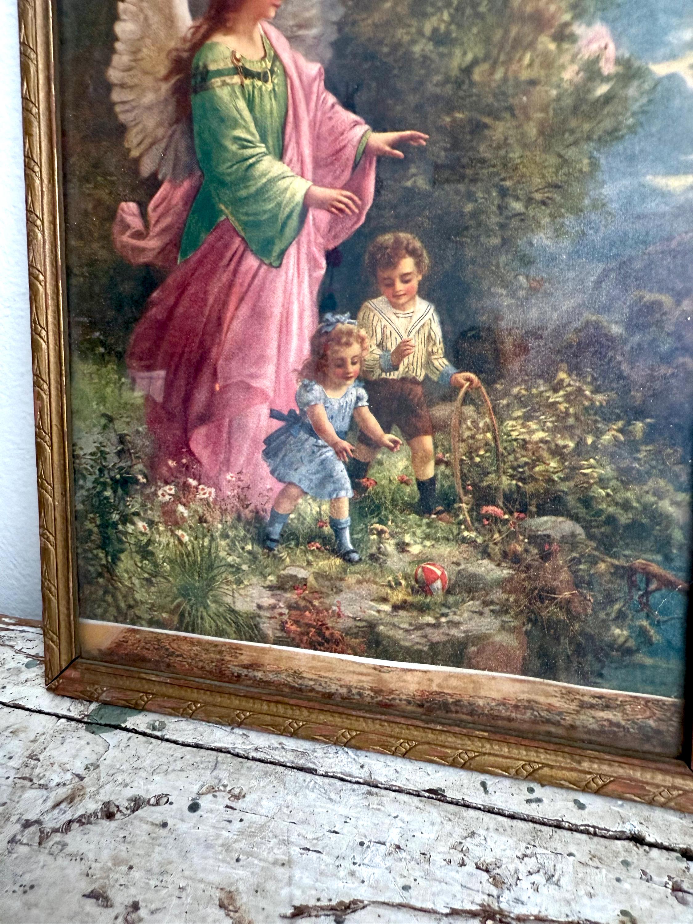 ヴィンテージの守護天使と子供たち 9インチ x 12インチ ガラス額入り