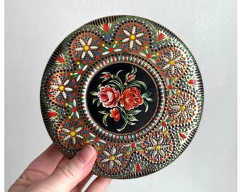 Vintage Runde Blumen Metall Schmuckdose Rote Rosen Schwarz Gold Volkskunst 6 Zoll