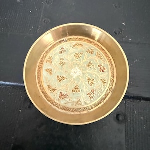 Vintage Brass Tray with Green Enamel, Red & Gold Floral Engraving, Decorative Trinket Dish