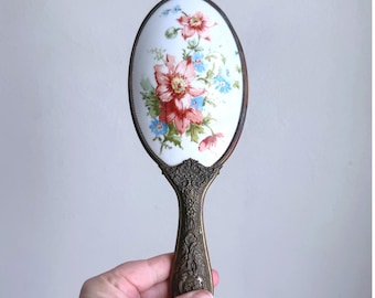 Antyczne ozdobne mosiężne lustro ręczne z kwiatowym motywem z porcelany, wiktoriańska dekoracja toaletki