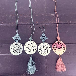 Vintage Chinese Jade Pendant, Nephrite Jade Wall Hanging Carved Asian Amulet Macrame Parrot Bird