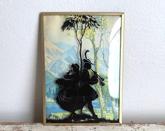 Vintage Reverse Glass Silhouette Alpine Couple Mountain Scene Gold Frame 5x7