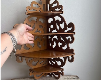 Vintage Handmade Wooden Corner Shelf Fretwork Scrollwork Wall Hanging 4 Tier