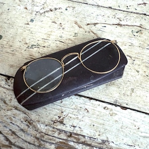 Antique 12K Gold Filled Rim Eyeglasses Vintage Circle Round Metal Frame w/ Case Steampunk Glasses