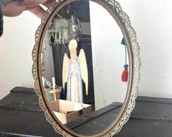 Vintage Ormolu Gold Filigree Oval Vanity Mirror Tray 1960s 1970s