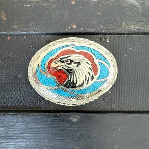 Large Eagle Belt Buckle – Heavy Southwestern Style with Red & Blue Stone Inlay