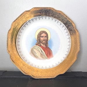 Sabiner Wappen-O-Gold Teller | Seltener 22K Gold Jesus religiöser Wandteller | Christliche Wohnkultur