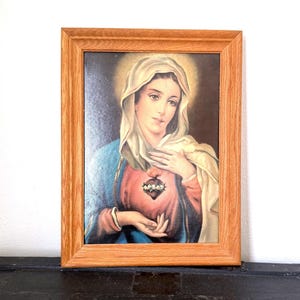 Immaculate Heart of Mary Framed Lithograph, Vintage Catholic Wall Art, Sacred Heart Religious Print in Wood Frame